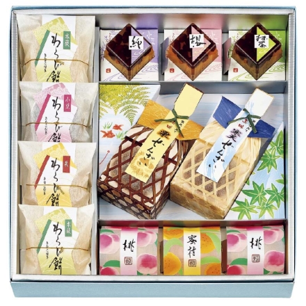 お中元のし付き 甘味彩々 夏の和菓子セレクション 寒天ぜんざい（小豆・栗 各1個）、わらび餅（本蕨2個、小豆・栗 各1個、きな粉付）、桃ゼリー2個、蜜柑ゼリー1個、小豆くず餅（純・桜・抹茶 各1個、きな粉付） 御中元 夏ギフト ギフト 贈答