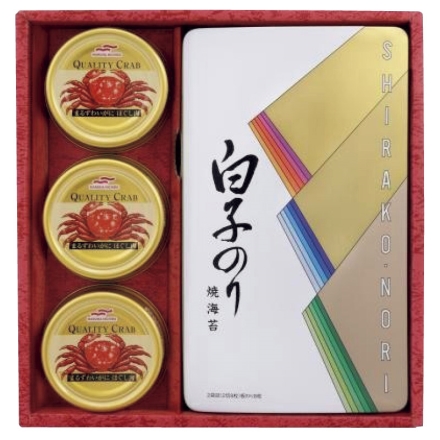 お中元のし付き ＜白子のり＞のり・かに缶詰合せＡ 焼のり2切8枚（板のり4枚分）×2、まるずわいがにほぐし肉55g×3 御中元 夏ギフト ギフト 贈答