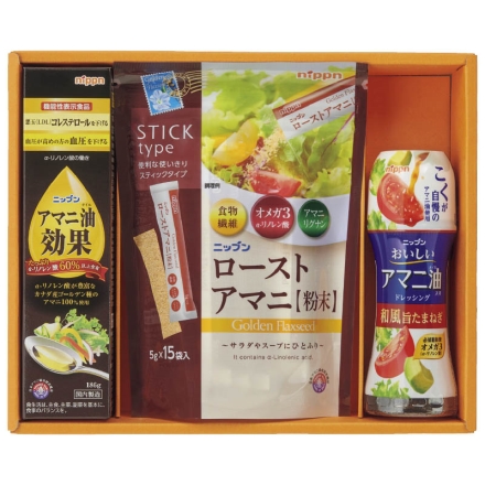 お中元のし付き ＜ニップン＞健康アマニセット アマニ油効果186g、ローストアマニ粉末5g×15、おいしいアマニ油入りドレッシング和風旨たまねぎ150ml 御中元 夏ギフト ギフト 贈答