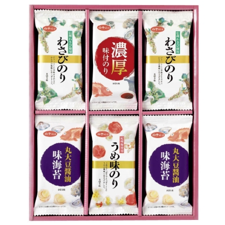 お中元のし付き ＜白子のり＞バラエティ詰合せ Ａ 信州わさび使用わさびのり・丸大豆醤油味のり 各8切5枚（板のり0.625枚分）×4、濃厚味付のり・紀州梅使用うめ味のり 各8切5枚（板のり0.625枚分）×2 御中元 夏ギフト ギフト 贈答