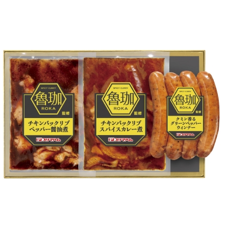 お中元のし付き 冷凍 ＳＰＩＣＹ ＣＵＲＲＹ魯伽 監修ギフト ＲＫ－Ｂ クミン香るグリーンペッパーウインナー100g、チキンバックリブスパイスカレー煮210g、チキンバックリブペッパー醤油煮180g 御中元 夏ギフト ギフト 贈答