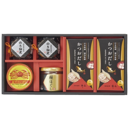お中元のし付き シーフード アソートギフトＡ のり佃煮80g×2、かつおだし(4g×8)×2、紅ずわいがにほぐし身55g、鮭ほぐし50g 御中元 夏ギフト ギフト 贈答