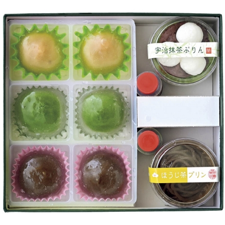 お中元のし付き 冷凍 ＜京都・東山茶寮＞水まんじゅう宇治茶プリン詰合せ 宇治抹茶白玉プリン115g、宇治ほうじ茶プリン95g、宇治抹茶みつ・黒みつ 各15g、水まんじゅう（抹茶あん・ほうじ茶あん・きな粉あん 各40g×2） 御中元 夏ギフト ギフト 贈答