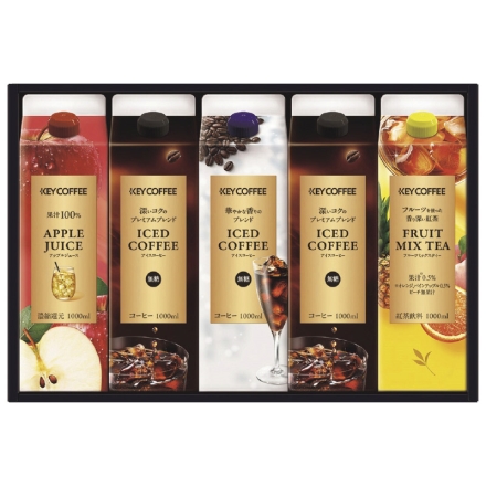 お中元のし付き ＜キーコーヒー＞アイスコーヒー＆ジュース＆ドリンクギフト アイスコーヒー無糖（深いコクのプレミアムブレンド1L×2、華やかな香りのブレンド1L）、アップルジュース・フルーツミックスティー 各1L 御中元 夏ギフト ギフト 贈答