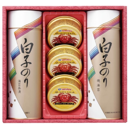 お歳暮のし付き ＜白子のり＞のり・かに缶詰合せ 海苔茶漬け6g×10、焼のり8切5枚×12（板のり7.5枚分）、まるずわいがにほぐし肉缶詰55g×3