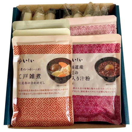 お歳暮のし付き 各地を巡る年末年始ご堪能セット 雑煮のつゆ（江戸雑煮・博多雑煮 各170g、京都雑煮155g）、北海道産小豆の栗入り汁粉150g、京都亀岡産大納言小豆のぜんざい140g、角餅50g×3、丸餅28g×5