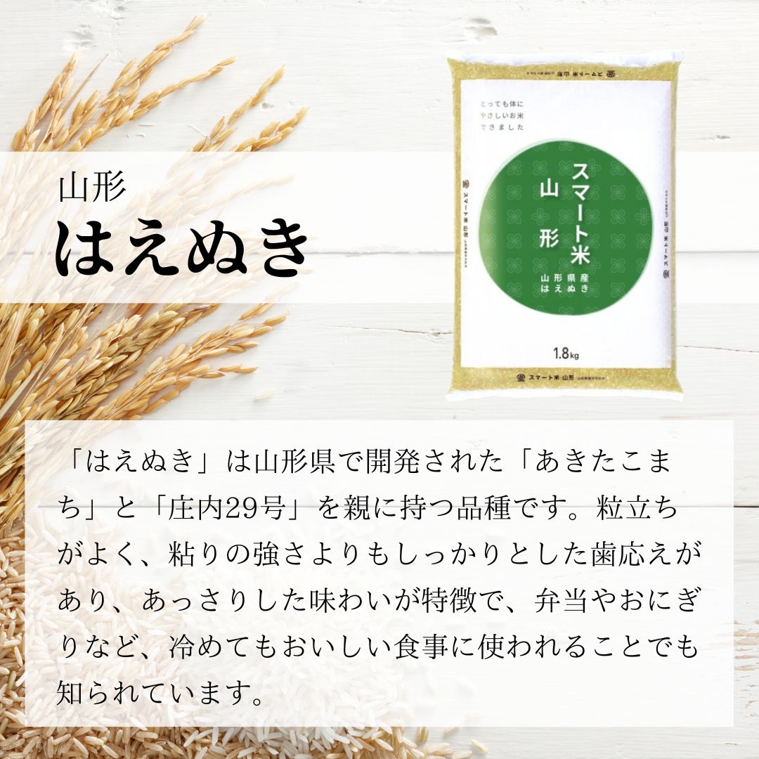 スマート米 山形県産 はえぬき 無洗米玄米 1.8kg×2袋 節減対象農薬50%以下 令和6年産