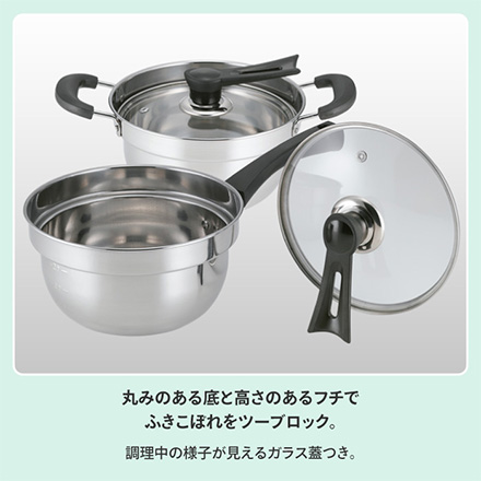 鍋 18cm IH対応 ふきこぼれにくい 片手鍋 ガラス蓋付き