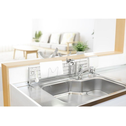 伸縮式 シンク奥スタンド 幅62~90cm DX ふきん掛け/フック/箸立て/まな板スタンド 付属 置き型