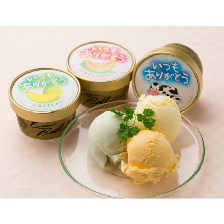 いつもありがとう 北海道アイスセット3種 計14個 バニラ80ml×4、赤肉メロン、青肉メロン80ml×各5 (計14個)
