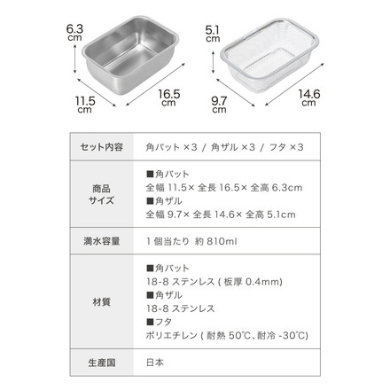 ヨシカワ 日本製 フタ付き 角バット&ザル 9点セット