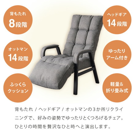 【オットマン&ヘッドレスト付き】ゆったりリクライニングチェア リクライニング8段階 パーソナルチェア ラウンジチェア