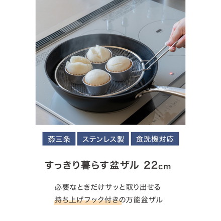 日本製 燕三条 すっきり暮らす 盆ザル 22cm 持ち上げフック付き 蒸し料理 せいろ ステンレス 食洗機対応 水切り 油切り ざる