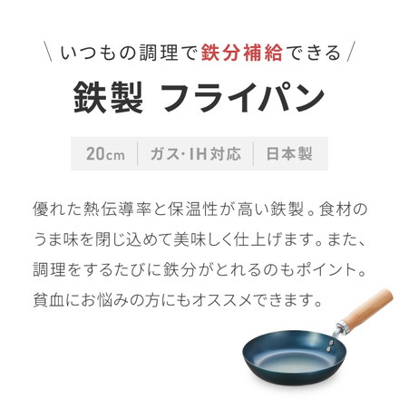 【藤田金属×リコメン堂】 鉄フライパン 20cm IH対応 日本製 PFOAフリー フッ素不使用 フライパン ガス火 シーズニング不要 フェムテック