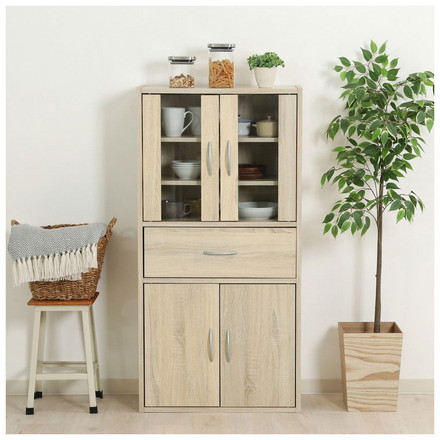 キッチンキャビネット 幅60cm ミドルサイズ ホワイトオーク 木目調 北欧 ガラス扉 食器棚 キッチン収納 大容量