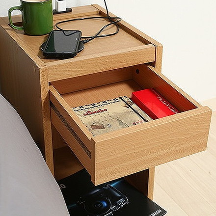 ベッドサイドテーブル (コンセント付き) W300×D360×H500mm ナチュラル