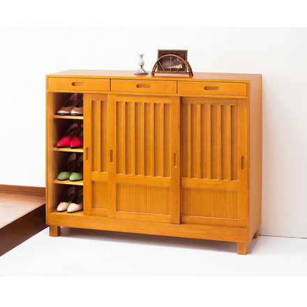 和風引き戸シューズボックス 3枚扉 天然木 幅115 奥行38 高さ95 シューズラック 下駄箱 靴箱 玄関収納