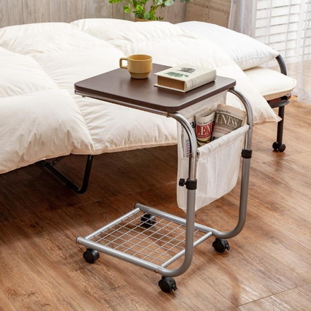 昇降式サイドテーブル 雑誌が入るポケット付き マガジンラック 高さ調節 キャスター付き ベッドサイド