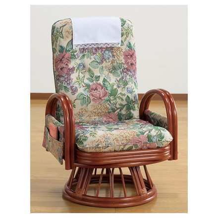 天然籐リクライニングハイバック回転座椅子 ミドルタイプ 座椅子 回転 肘掛け付き