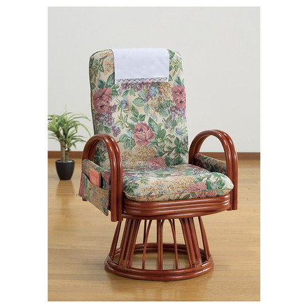 天然籐リクライニングハイバック回転座椅子 ハイタイプ 座椅子 回転 肘掛け付き