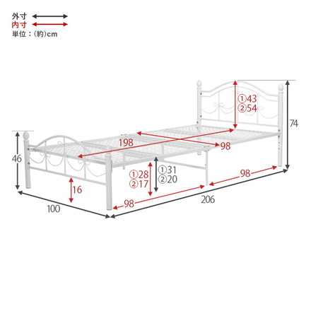 姫系 パイプベッド シングル プリンセスベッド スチールベッド 高さ2段階調節 ベッドフレーム フレーム単品 ホワイト