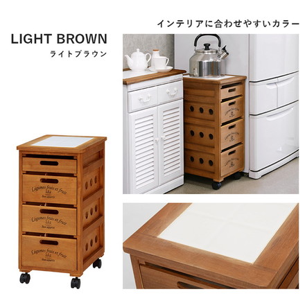 キッチンストッカー 幅30cm 4段 天然木 タイル天板 ワゴン 野菜ストッカー キッチンワゴン すき間収納 隙間収納 ライトブラウン