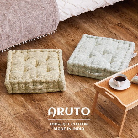 フロアクッション 約42×42×10cm インド綿 クッキークッション アルト 座布団 コットン100% 持ち手付き グリーン[270078962]