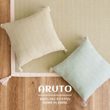 インド綿 背当てクッション アルト 約45×45cm ふっくら コットン100% タッセル付き ブルー[270078981]