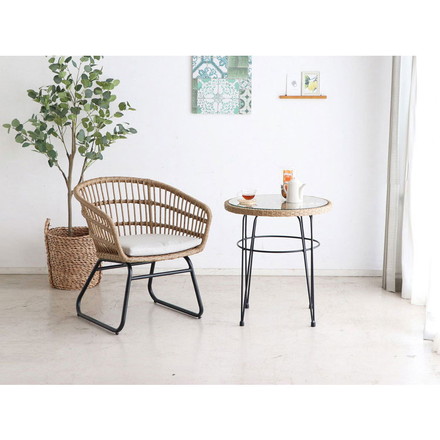 ラタン調 ガラス天板 カフェテーブル 幅59.5 スチール脚 PEラタン サイドテーブル