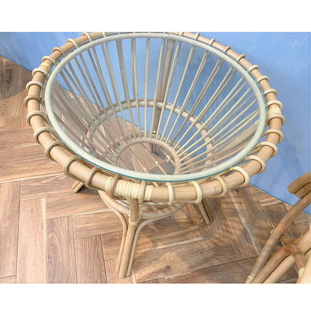 ラタン センターテーブル 円型 幅52.5cm ガラス天板 ナチュラル リビングテーブル