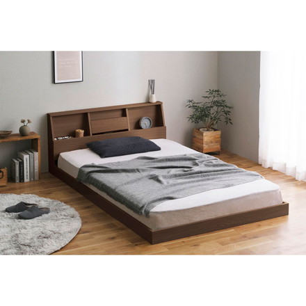 アイリスオーヤマ フロアベッド セミダブル FBF-SD ウォールナット 棚付き ローベッド ベッドフレーム