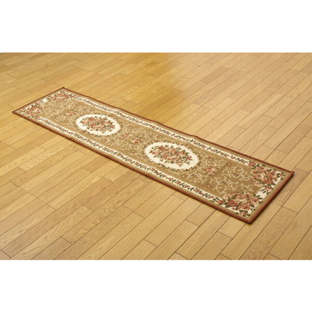 ナイロン 花柄 キッチンマット 撥水キャンベル ブラウン 約44×180cm