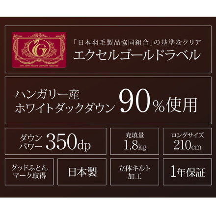 日本製 2枚合わせ 羽毛布団 クイーン エクセルゴールドラベル ハンガリー産ホワイトダックダウン90% 350dp