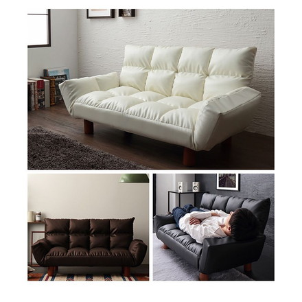 カウチソファ コンパクト 幅115cm 1人暮らし 6段階リクライニング 天然木 2WAY お手入れ簡単 PVCレザー ダークブラウン