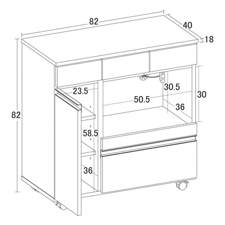 キッチンカウンター 完成品 幅82 レンジワゴン 間仕切り 背面化粧仕上げ 鏡面 白 ホワイト 食器棚 キッチンワゴン