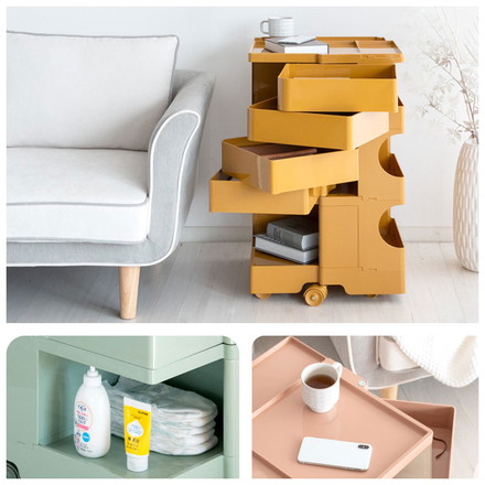 マルチワゴン Pluna プルーナ ロータイプ/ハイタイプ キャスター付き四面収納ワゴン 仕切り天板 180度回転 ロータイプ ライトグリーン