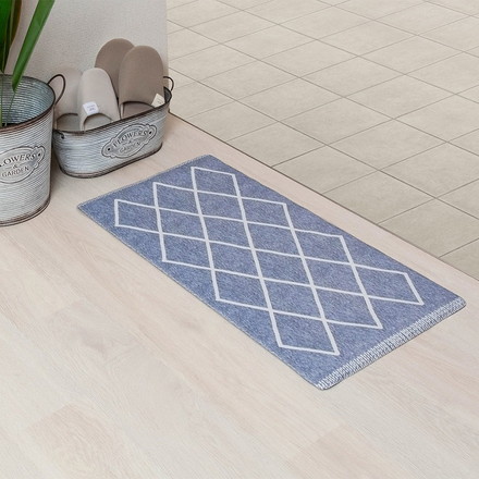 ベストコ 玄関マット 室内 40×80cm お手入れ簡単 防炎 防カビ 抗菌 防臭 ラムバス ブルー ひし形 北欧