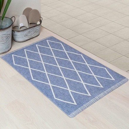ベストコ 玄関マット 室内 60×90cm お手入れ簡単 防炎 防カビ 抗菌 防臭 ラムバス ブルー ひし形 北欧