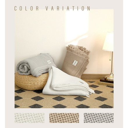 ワッフルケット シングル フリンジ付き かわいい 韓国インテリア 綿100% タオルケット ブランケット 大判 夏用 グレー[61582-0041]