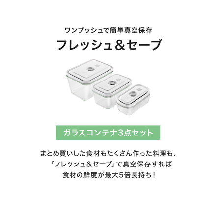 フレッシュ&セーブ 真空保存容器 ガラスコンテナ3点セット S M L 追加コンテナ 追加購入 密閉 鮮度長持ち 5倍長持ち 湿気 酸化防止 真空調理 ガラス容器 保存容器 冷凍 冷蔵 ツヴィリング
