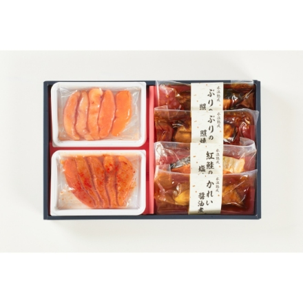 鳥取 「山陰大松」 氷温熟成　簡単便利な惣菜ギフト（辛子明太子150ｇ、あごだしうまみたらこ150ｇ、かれい醤油煮100g×1、紅鮭塩焼き60g×1、ぶりの照焼き90g×2）