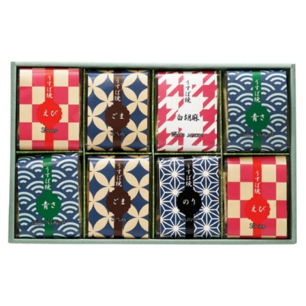 うすば焼せんべい（海老・あおさ海苔 各20枚、黒胡麻18枚、白胡麻10枚、海苔巻9枚）計77枚