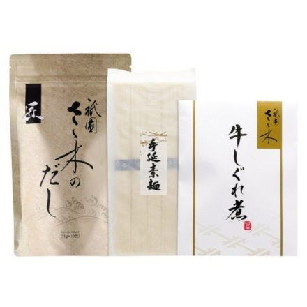 「祇園さゝ木」だし（11g×10入）と牛しぐれ煮50g・手延素麺セット5束