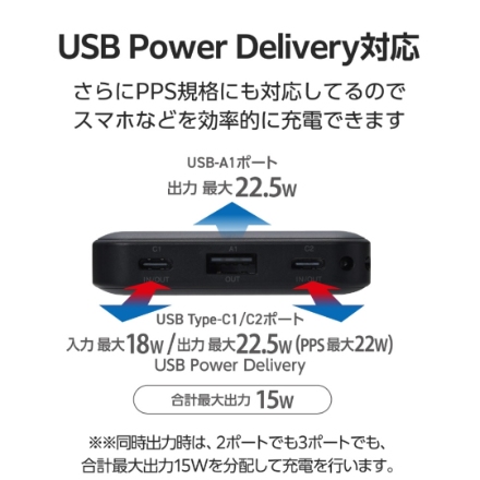モバイルバッテリー エレコム 10000mAh Type-C×2 PSE適合 DE-C76-10000BK ブラック