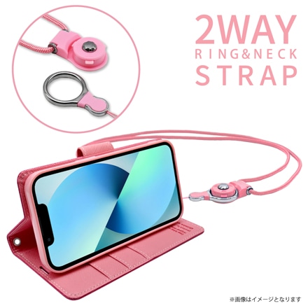 シズカウィル iPhone 13 用 手帳型 ケース カバー 2WAY ワンタッチ着脱 ストラップ付 スマホケース ピンク×ストロベリー
