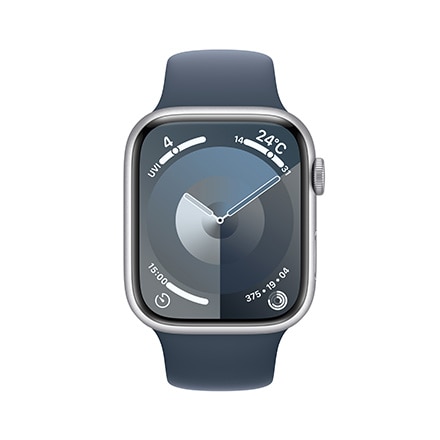 Apple Watch Series 9（GPSモデル）- 45mmシルバーアルミニウムケースとストームブルースポーツバンド - M/L with AppleCare+