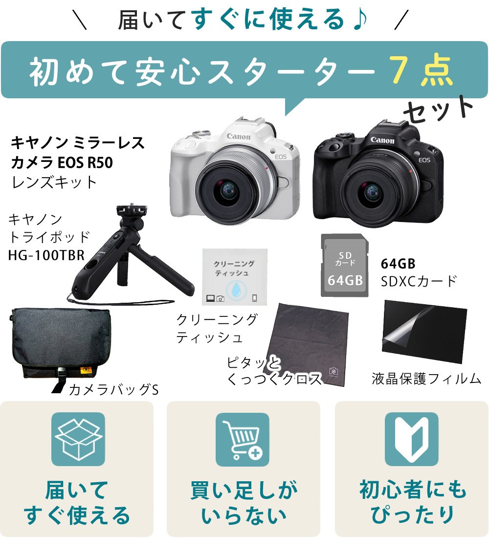 キヤノン ミラーレス一眼カメラ EOS R50 レンズキット ホワイト＆トライポッド＆カメラバッグ＆SD64GB＆クロス＆液晶保護フィルム＆クリーニングティッシュ