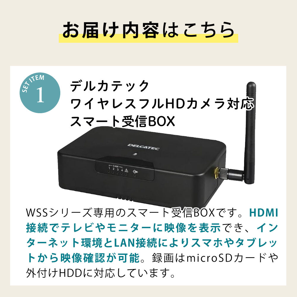 （防犯カメラセット）デルカテック ワイヤレスフルHDカメラ対応スマート受信BOX WSSNM ＆ 増設カメラ WSS2C ＆ HDMIケーブル2m ＆ microSDカード128GB