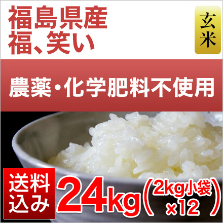 玄米 福島県産 福、笑い 24kg 2kg×12袋 農薬・化学肥料不使用 令和5年産