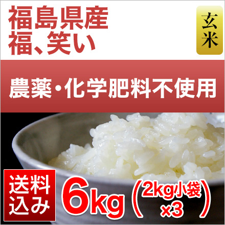 玄米 福島県産 福、笑い 6kg 2kg×3袋 農薬・化学肥料不使用 令和5年産